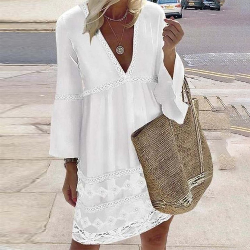 NWT Fresh White Long Sleeve V-Neck Eyelet Mini Dress size L